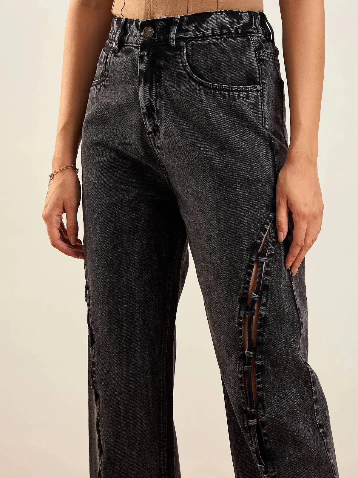 Black Dori Detail Straight Fit Women Jeans | Cotton Denim