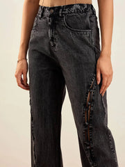 Women Black Washed Dori Insert Detail Straight Fit Jeans