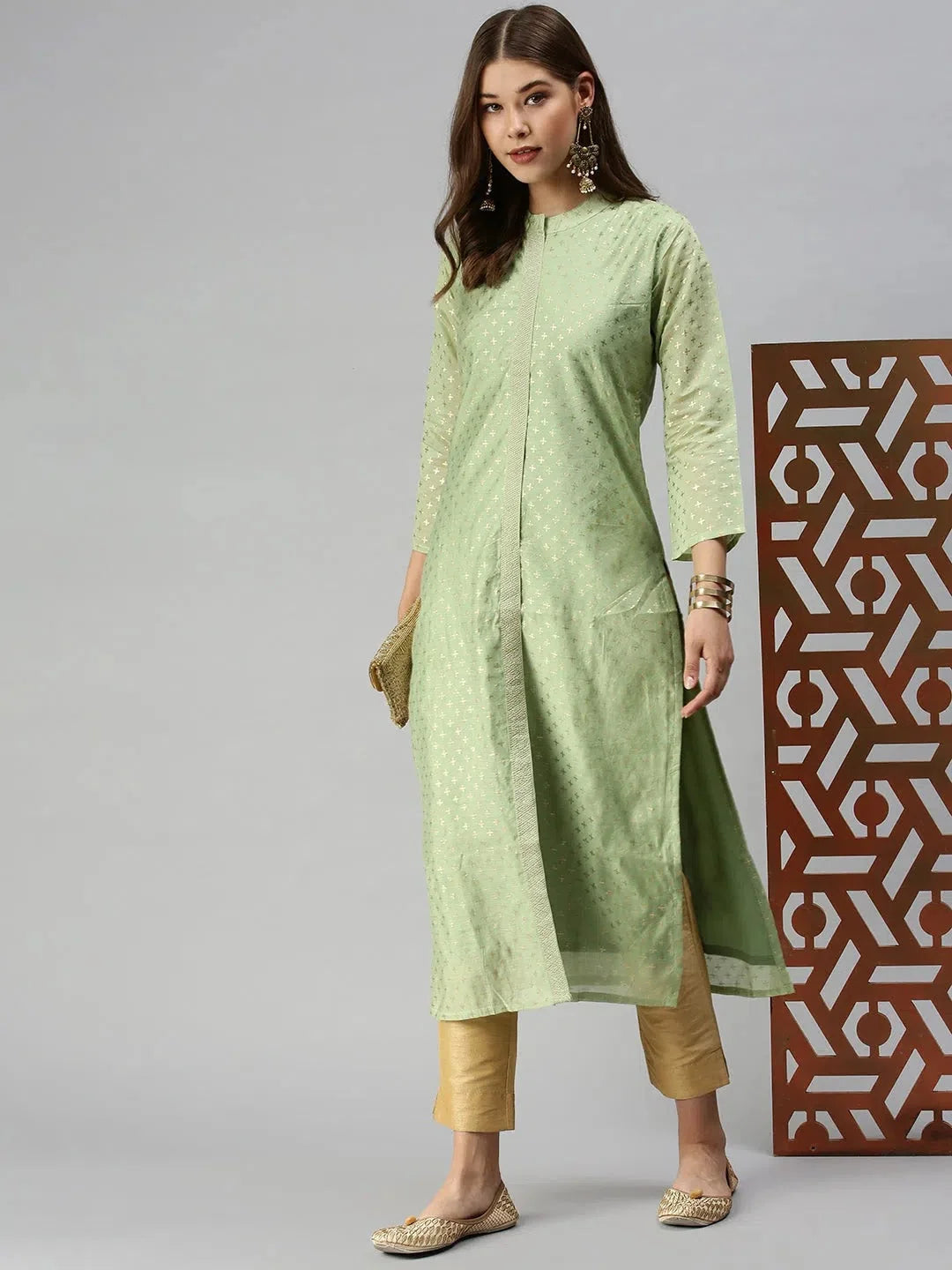 Green Printed Women's Indian Kurta | Embellished Cotton Kurta
