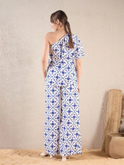 Women Navy Ethnic Print One Shoulder Top With Pants