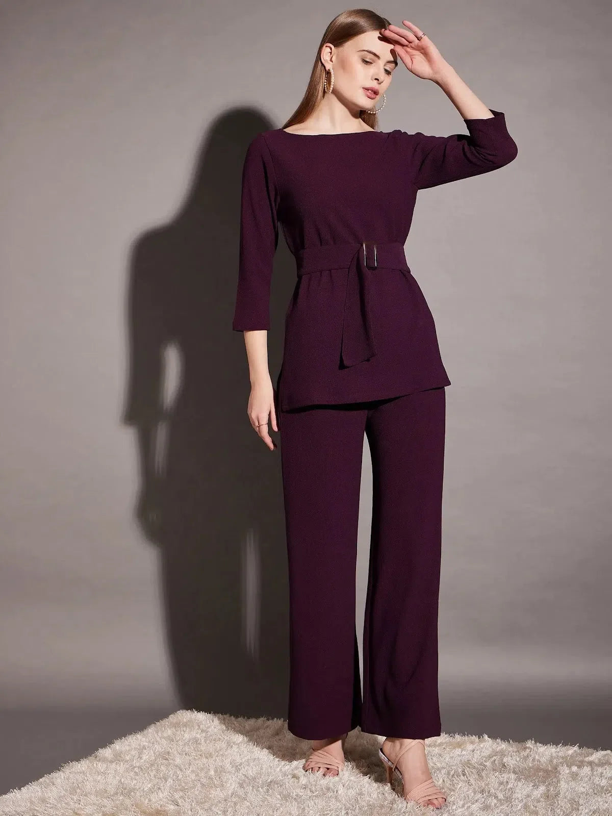 Purple Boat Neck Co Ord Sets for Women with Belt