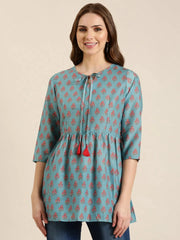 Women Teal Floral A-Line Kurti-DW-8745-Teal