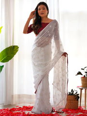 Women's Georgette Maroon Embellished Designer Saree With Blouse Piece-19KAVI1904