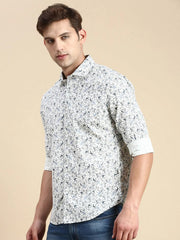 Men White Printed Casual Shirt-IKIGAIPRINTS-8805-Offwhite