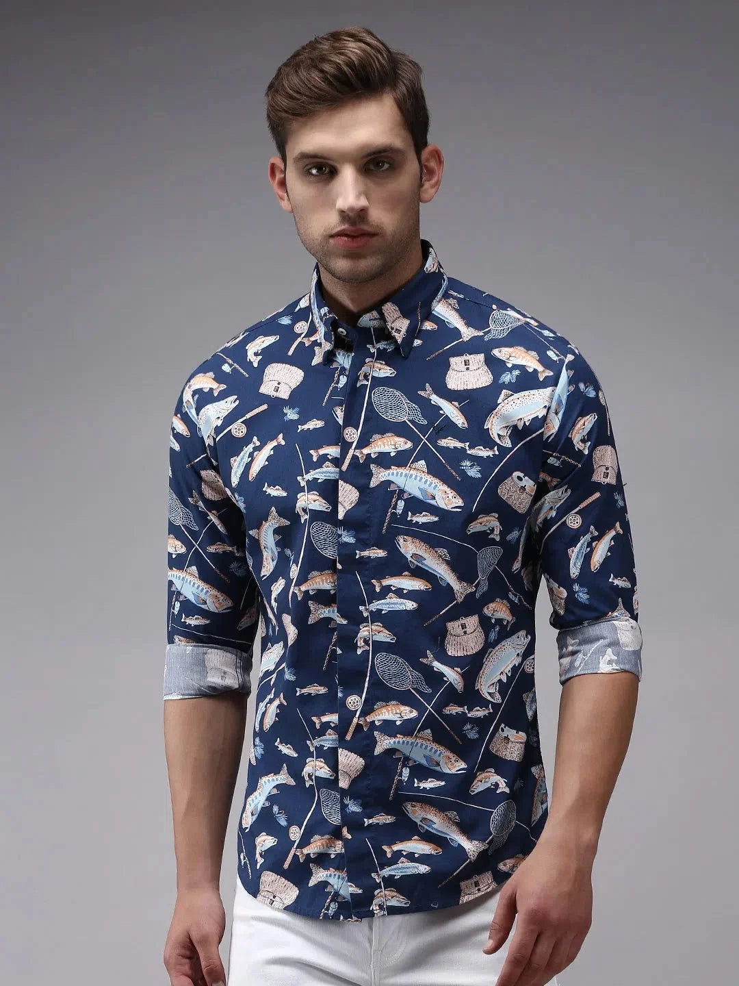 Blue Printed Mens Shirt - Cotton Casual Shirt by DesiQlo