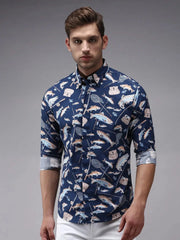Men Blue Printed Casual Shirt-PERRYPRINT-1852-Navyblue