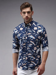 Men Blue Printed Casual Shirt-PERRYPRINT-1852-Navyblue