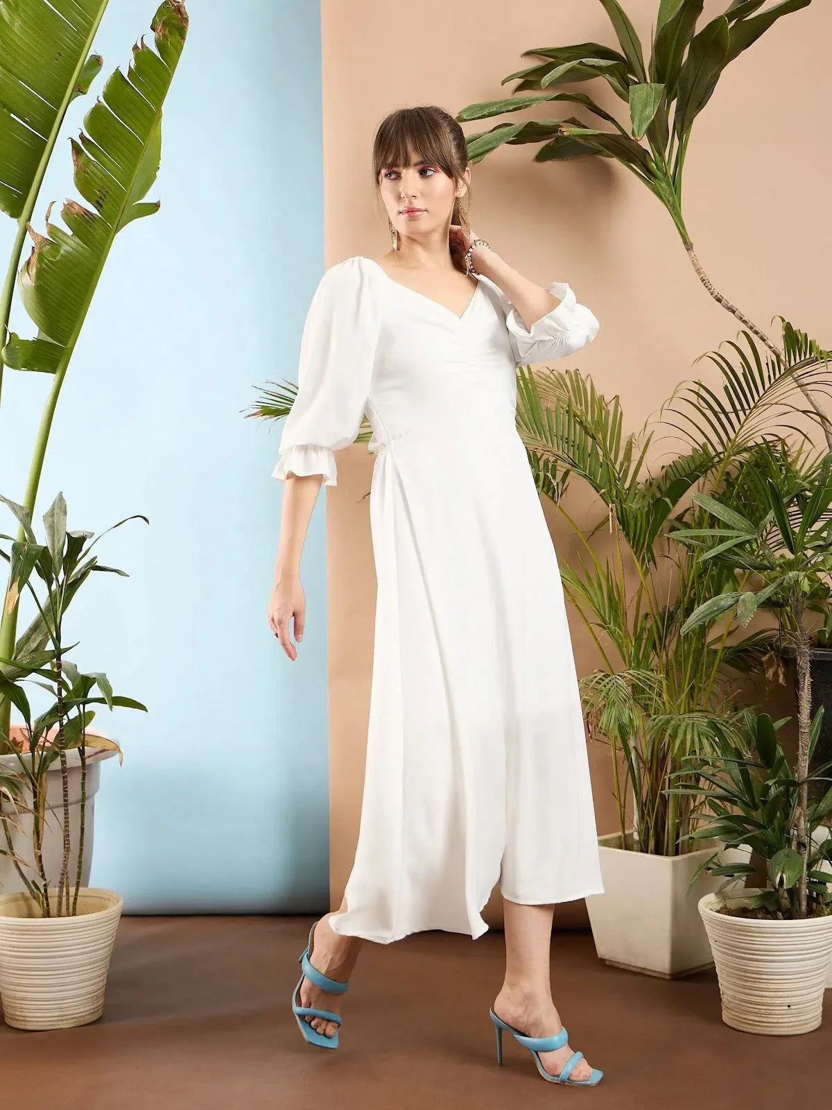 Women White Front Ruched Back Cut Out Midi Dress