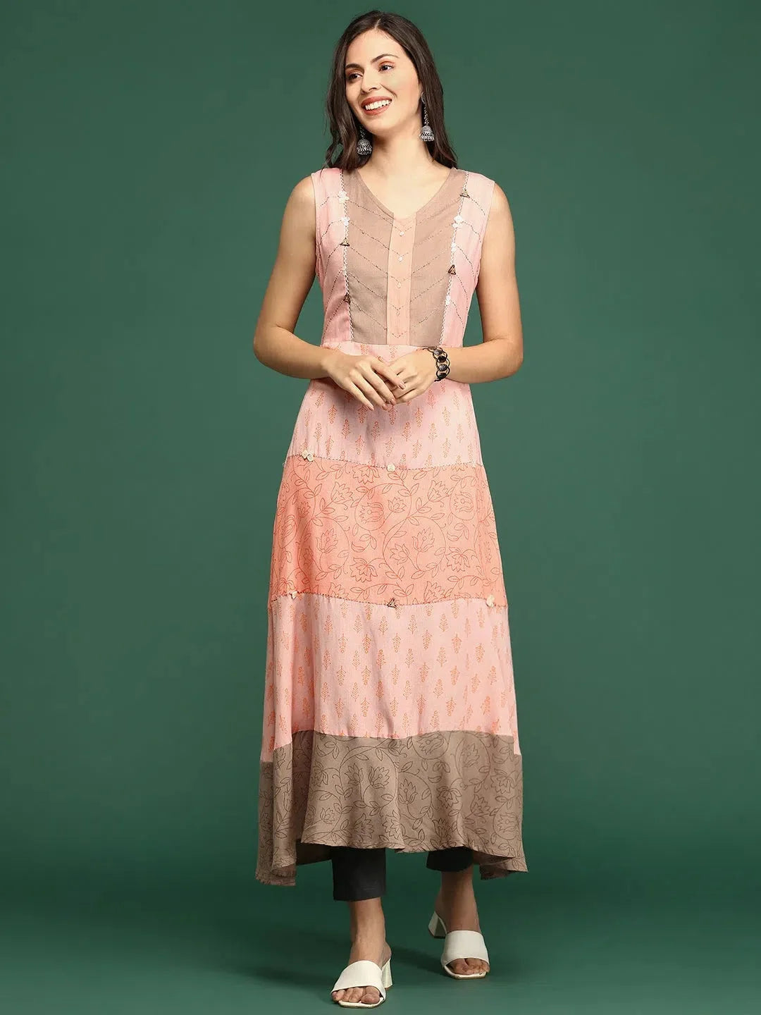 Peach Colorblock Anarkali Kurta - Cotton Anarkali Kurti Online