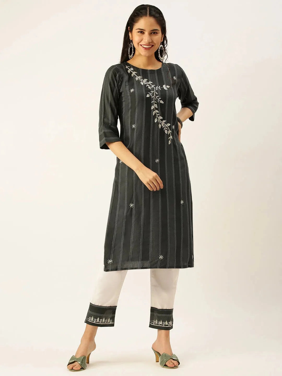Women's Striped Kurta Set | Grey Cotton Indian Kurta Sets