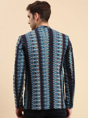 Men Navy Printed Casual Blazer-SOBLZ-78-5-Navyblue
