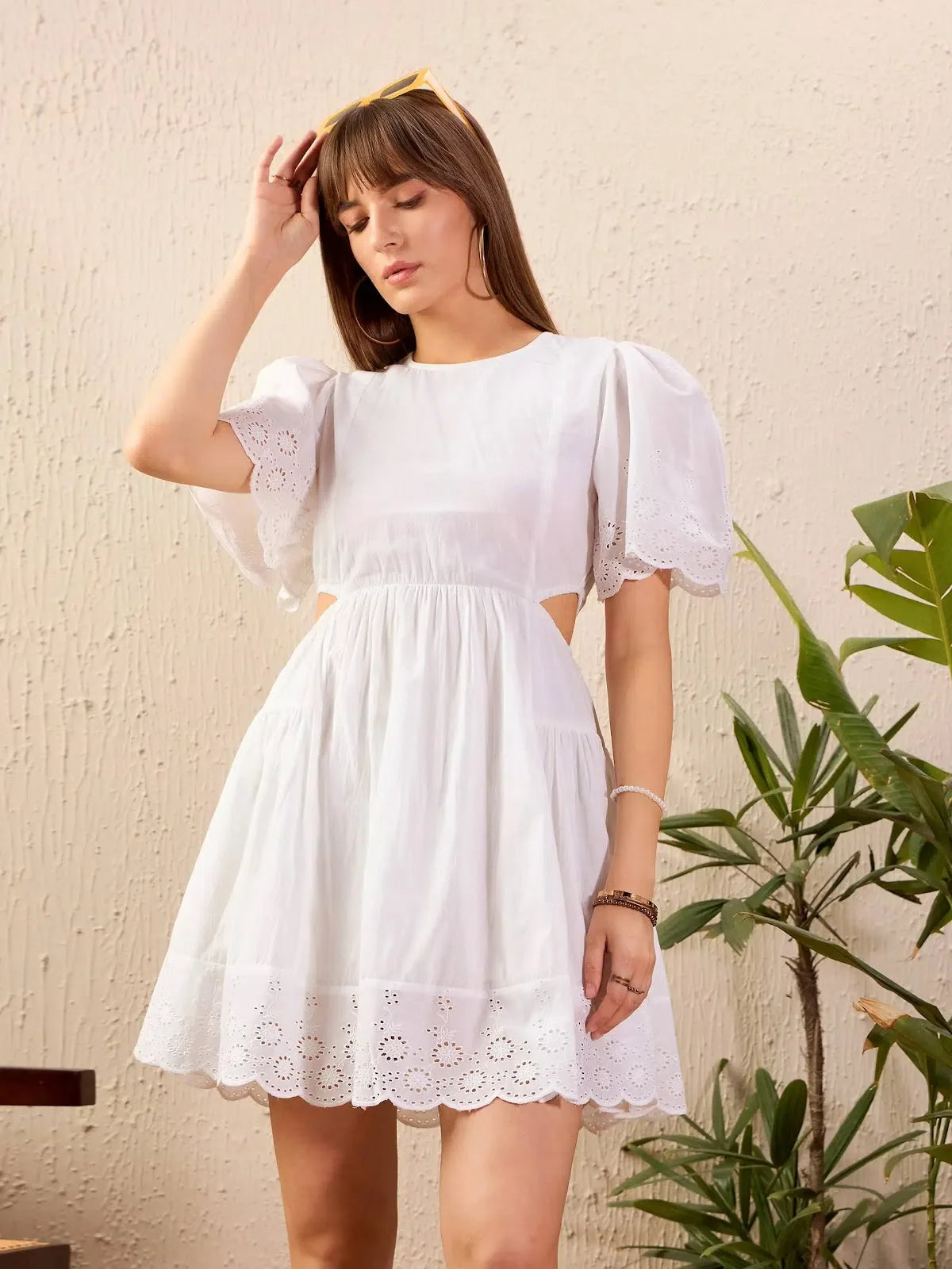 White Schiffli Cut Out Skater Dress | Women's Ethnic Party Dress