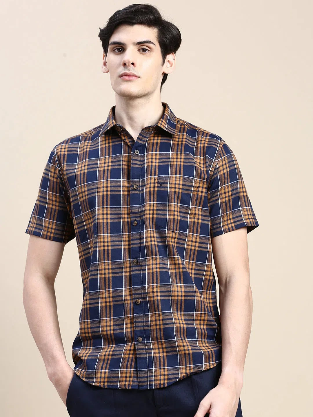 Navy Checkered Mens Shirt - Cotton Casual Shirt DesiQlo
