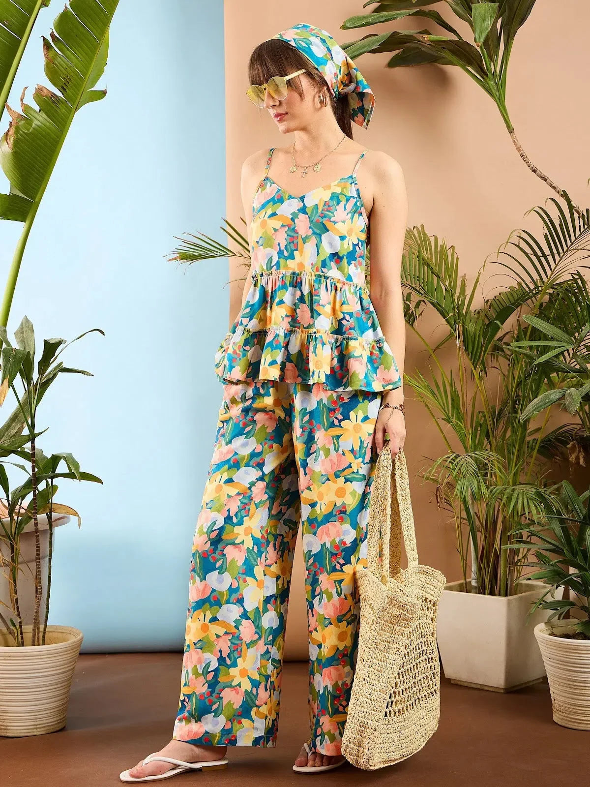 Sea Green Floral Palazzo Set- Women's Co Ord Sets For Summer