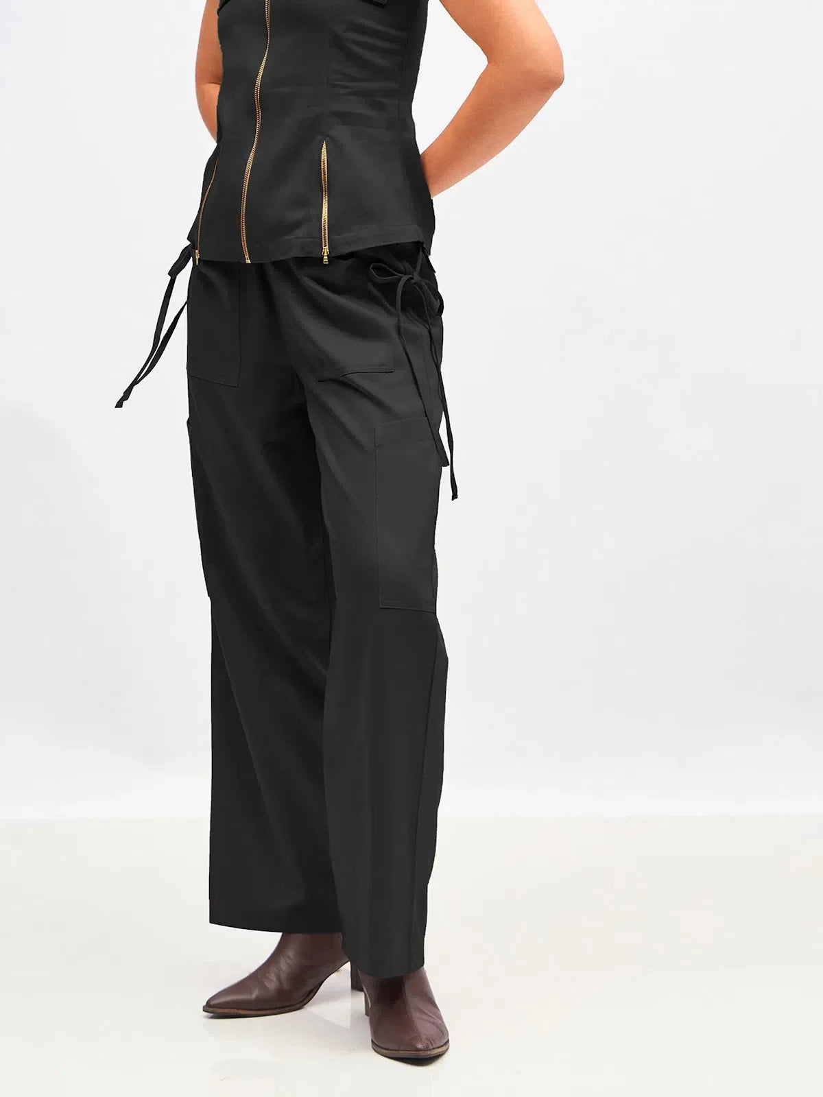 Women's Black Twill Cargo Pants | Drawstring Waist - Western