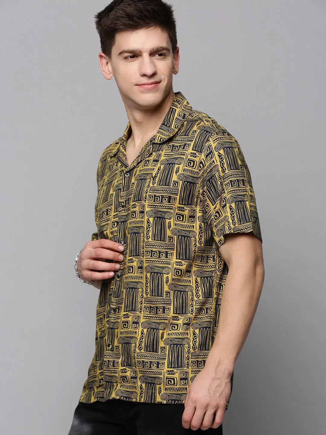 Yellow Printed Mens Shirt - Casual Resort Style Cotton Shirt
