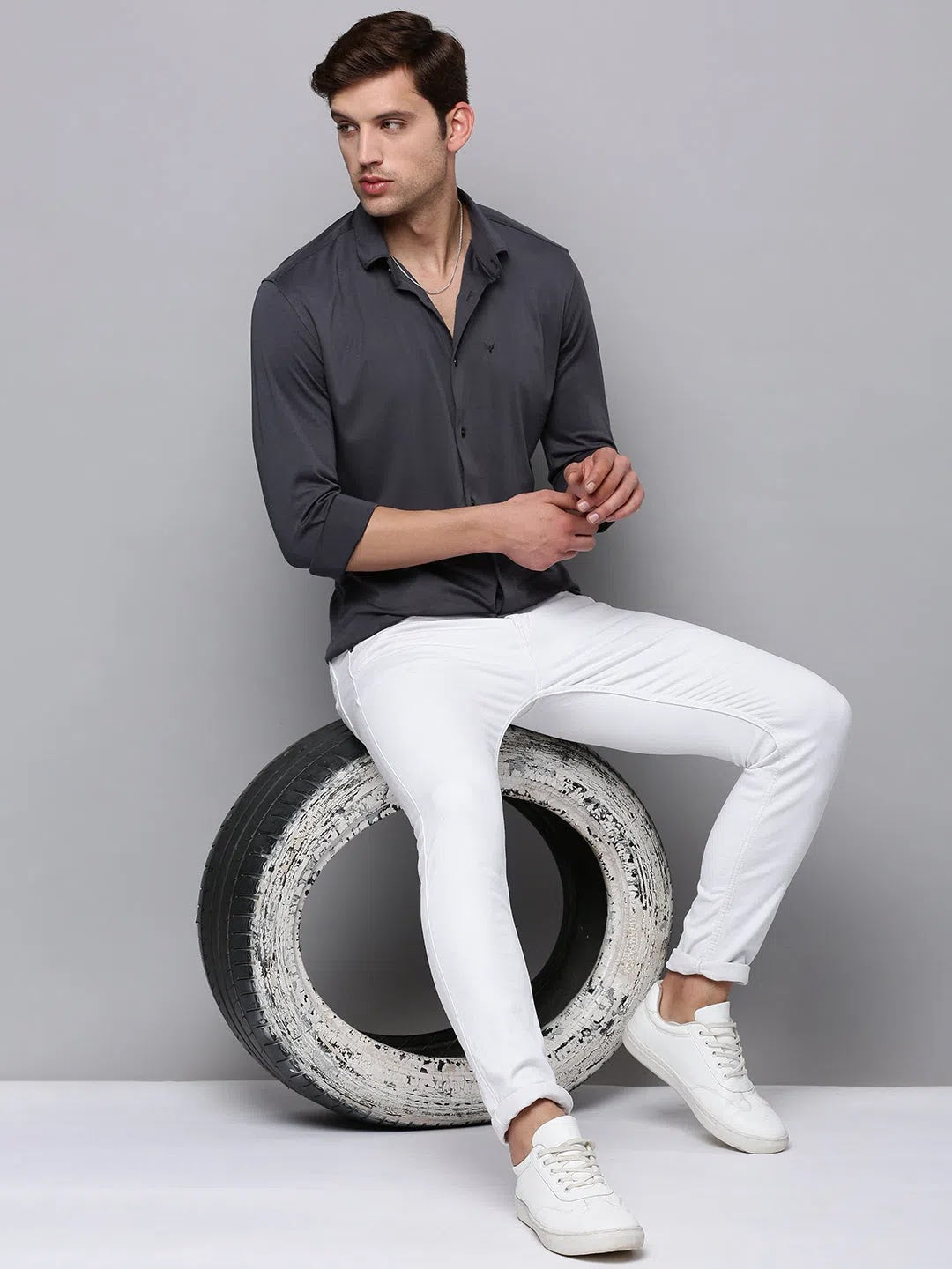 Grey Cotton Shirt for Men - Solid Casual Style | DesiQlo