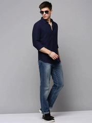 Men Navy Solid Casual Shirt-HARDIKPURELINEN-3420-Navyblue