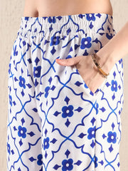 Women Navy Ethnic Print One Shoulder Top With Pants