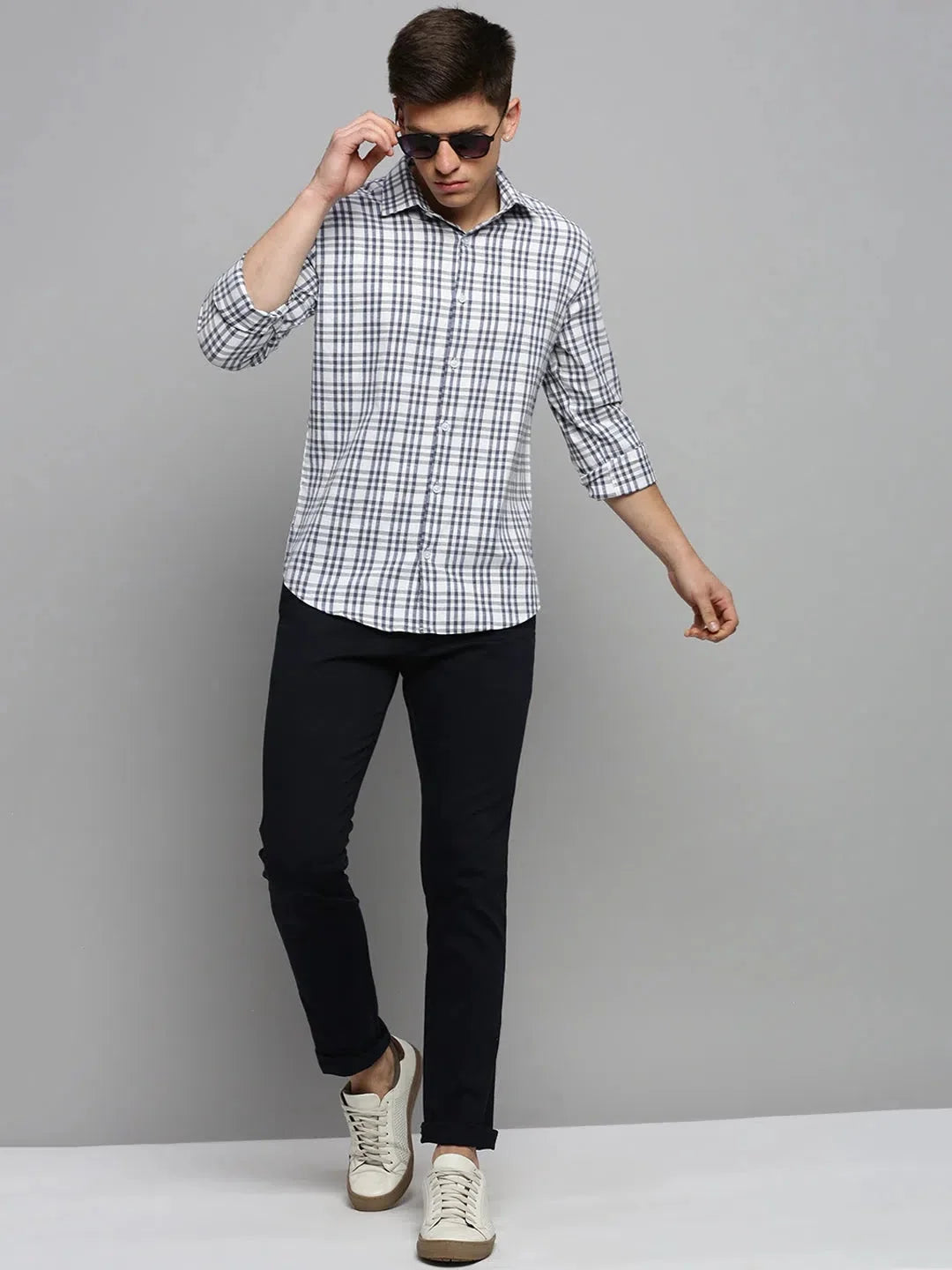 White Checked Mens Shirt - Casual Cotton Shirt | DesiQlo