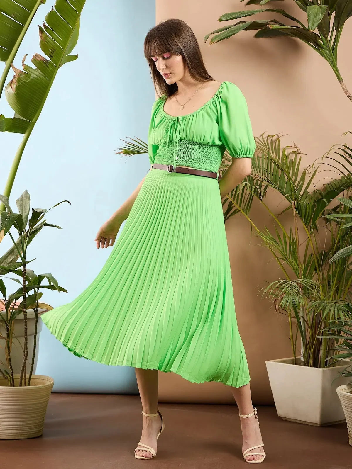 Green Puff Sleeve Crop Top & Skirt | Women's Lehenga Style