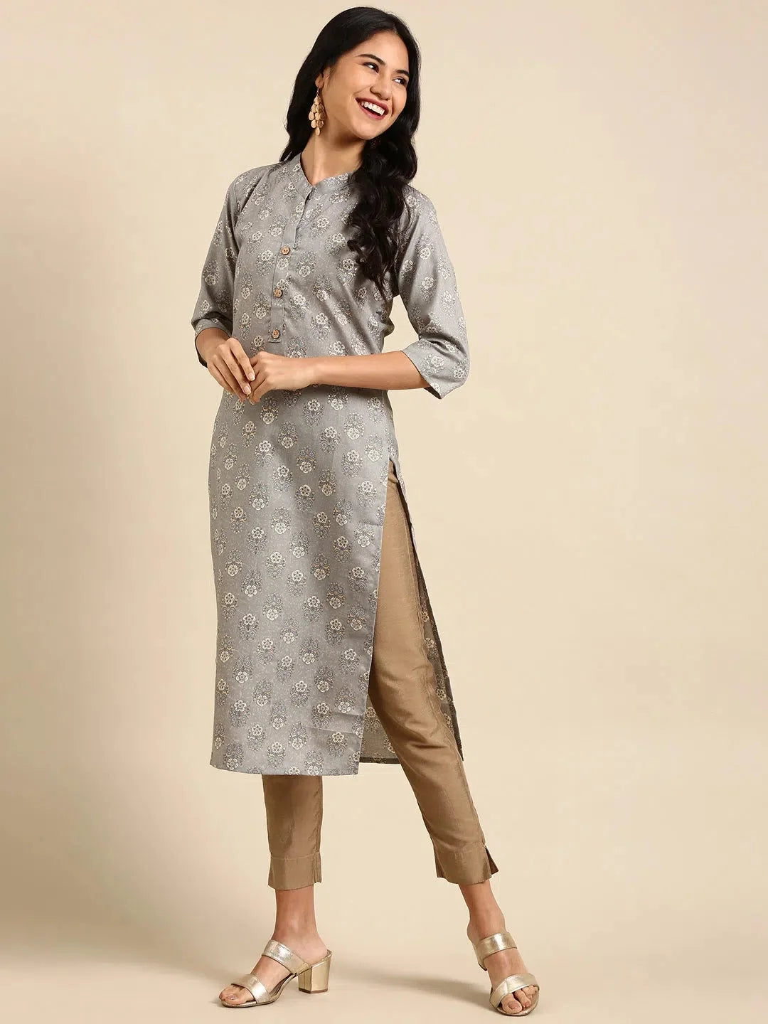 Grey Printed Polyester Kurta | Stylish Indian Kurta for Women