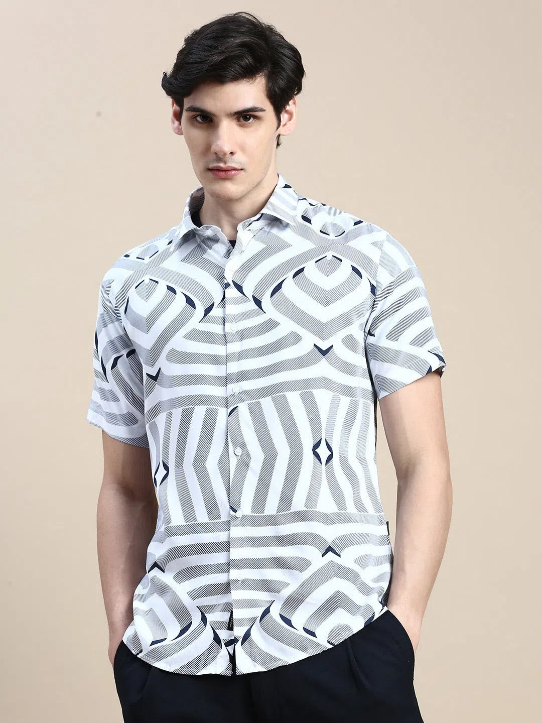 White Abstract Mens Shirt - Trendy Cotton Shirt