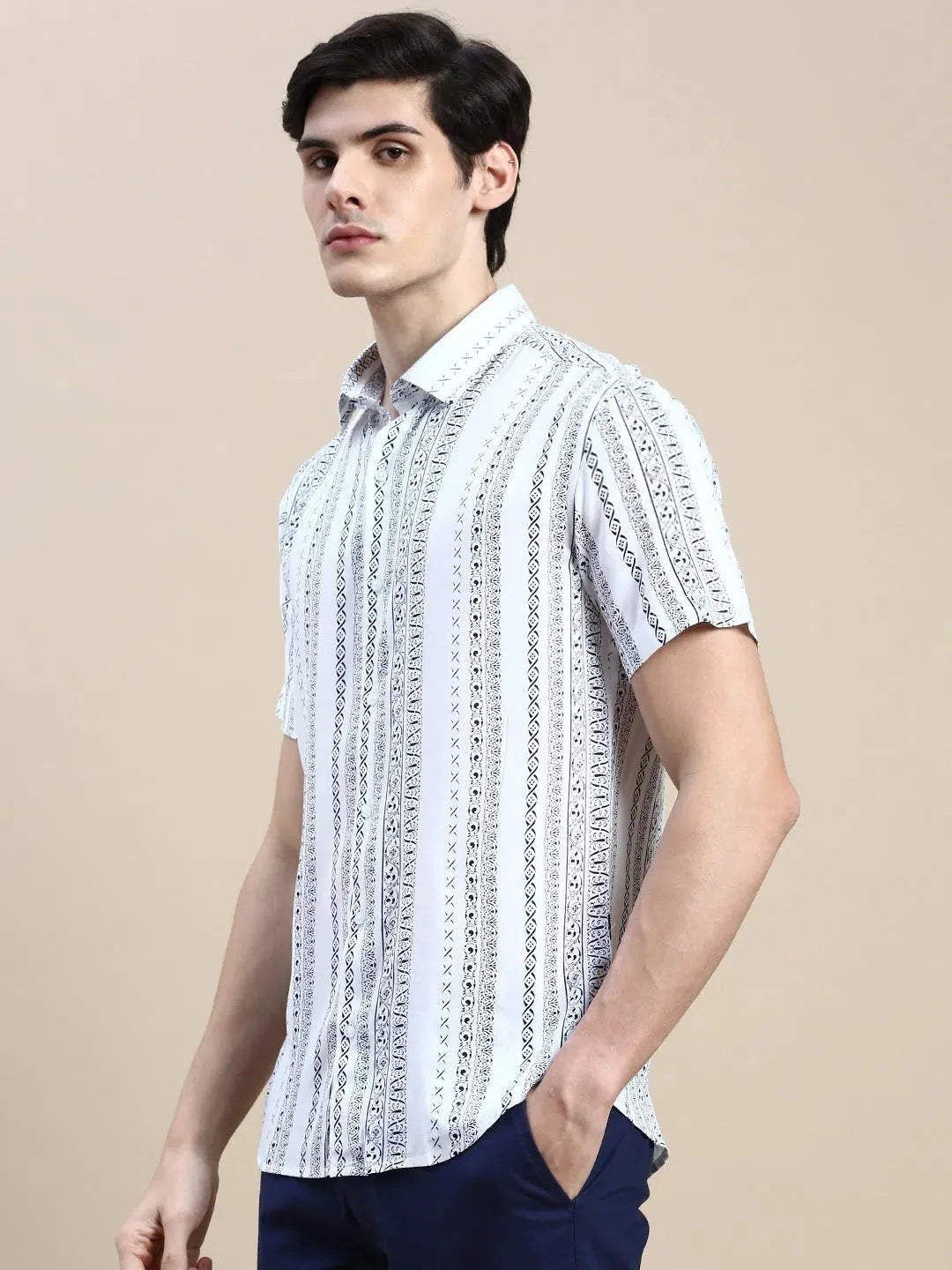 Mens White Printed Shirt - DesiQlo Cotton Shirt