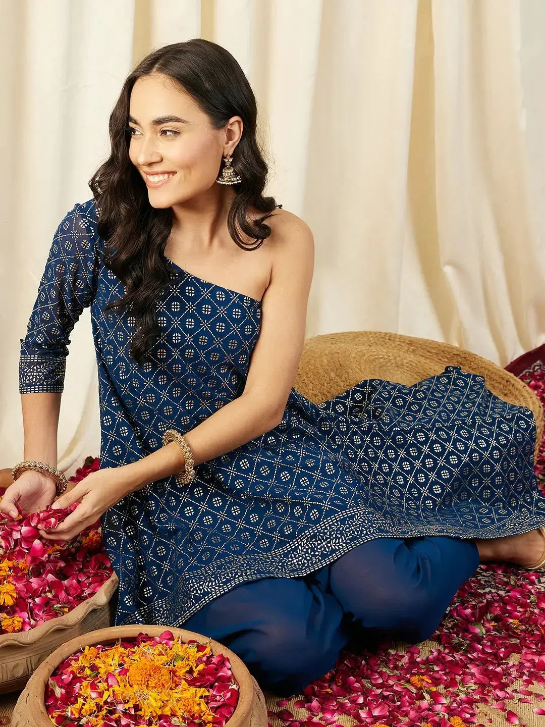 Blue One Shoulder Top with Dhoti Pants | Designer Kurta sets