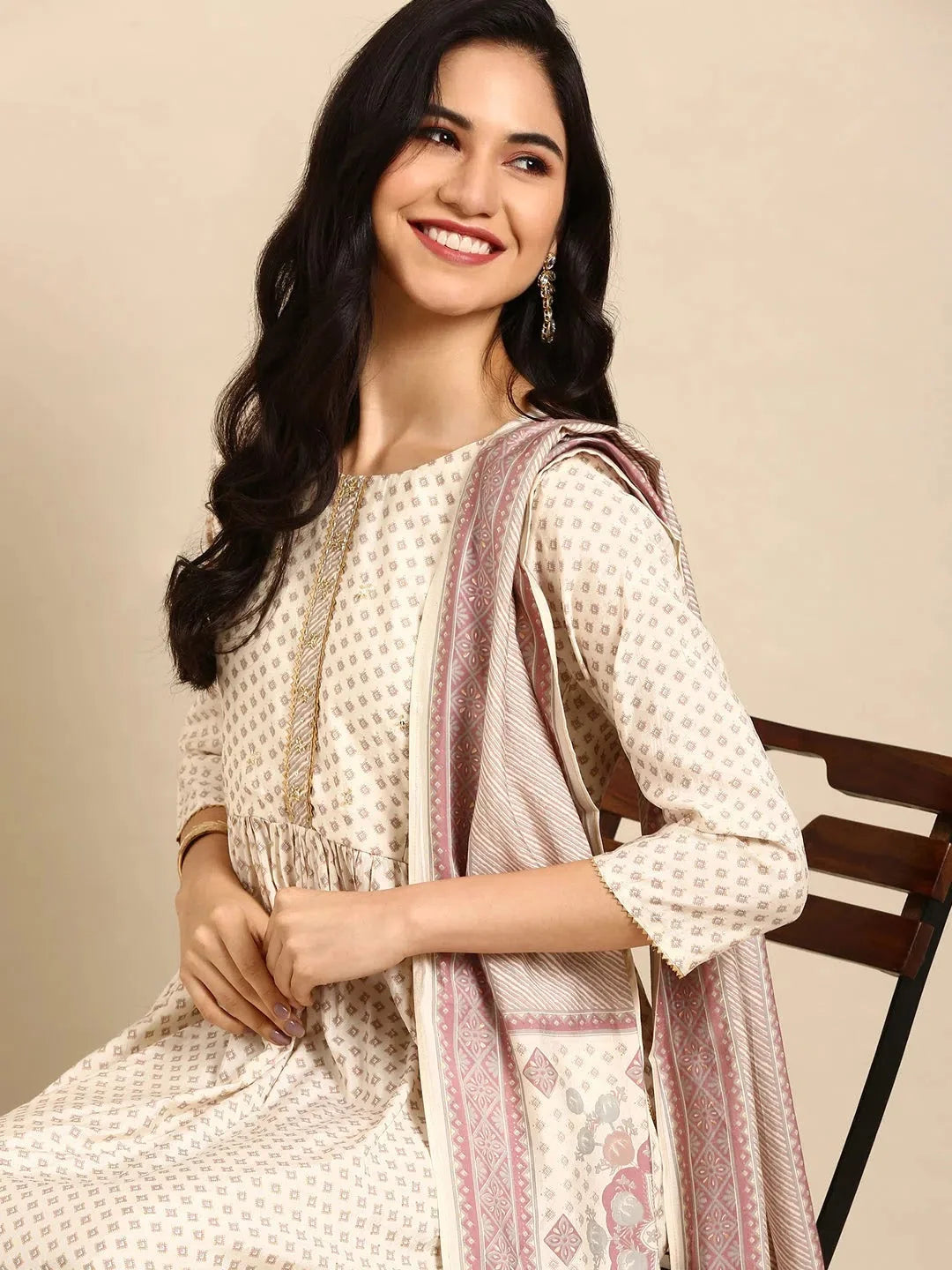Women's Beige Printed Kurta SetKC-3331-Beige