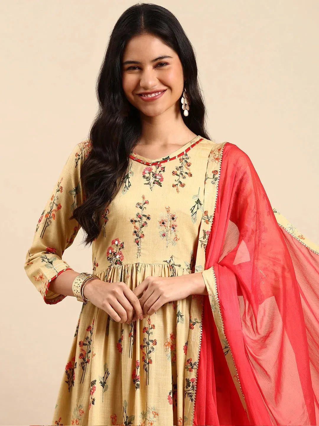 Beige Floral Kurta Set | Women's Designer Kurta Sets