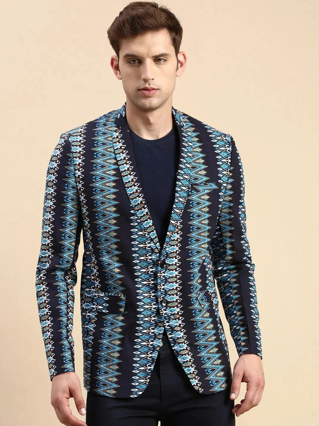 Navy Printed Casual Blazer | Men's Ethnic Wear | DesiQlo