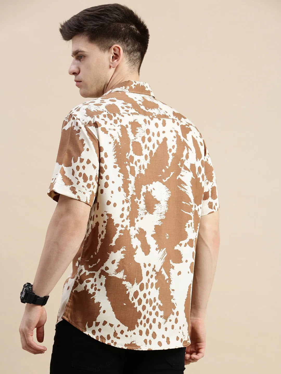 Cream Graphics Cotton Mens Shirt - Abstract Print Design