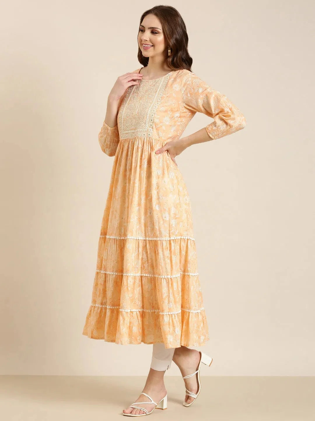 Peach Floral Cotton Anarkali Kurta | Women's Anarkali Kurti