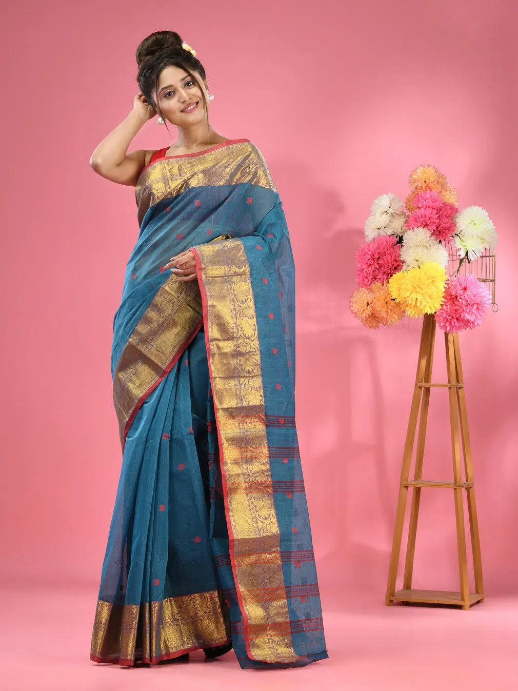 Olympic Blue Pure Cotton Tant Saree With Zari Border-MA51TT43540052