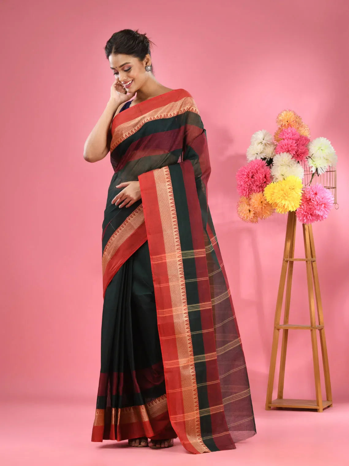 Emerald Green Pure Cotton Tant Saree With Temple Border-MA51TT43430058