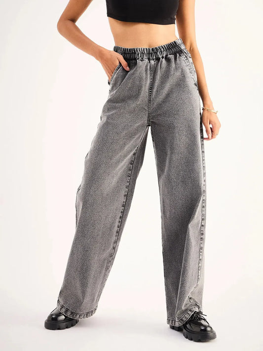 Women Grey High Waist Elasticated Jeans 1200