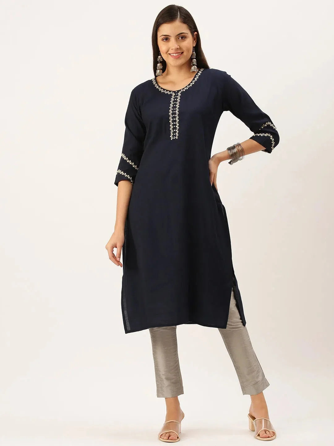 Blue Embroidered Indian Kurtis - DesiQlo Cotton Kurtas