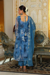 Women Blue  Embroidered Anarkali Kurta With Solid Pant & Dupatta-130-Vaas-Blue