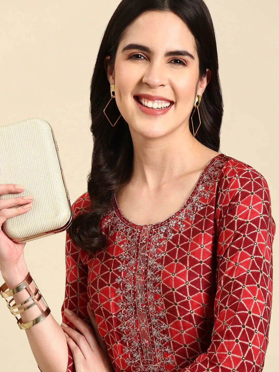 Maroon Printed Polyester Kurta - Indian Kurtas for Women