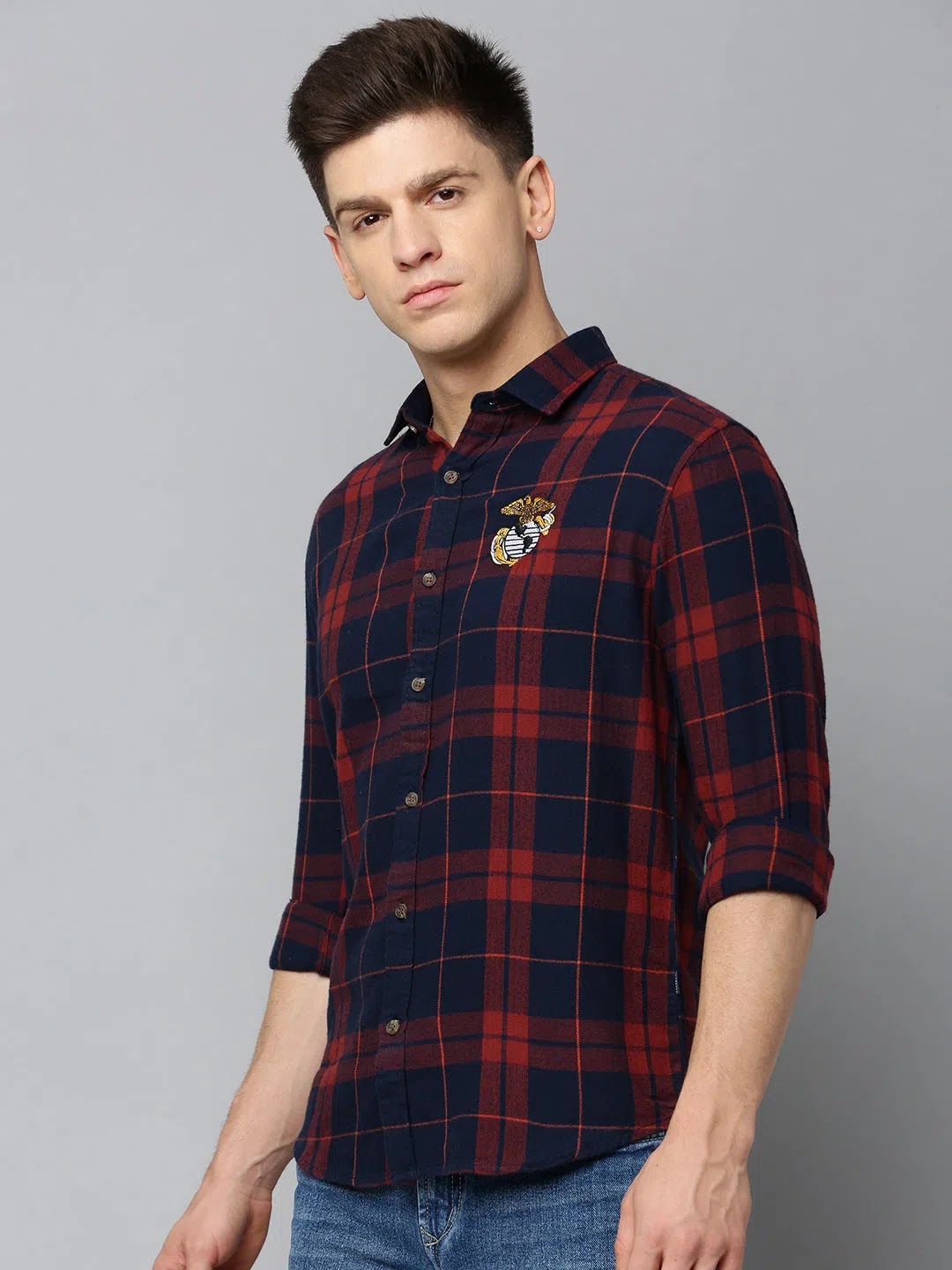 Men's Navy Checkered Cotton Shirt - Casual Mens Shirt