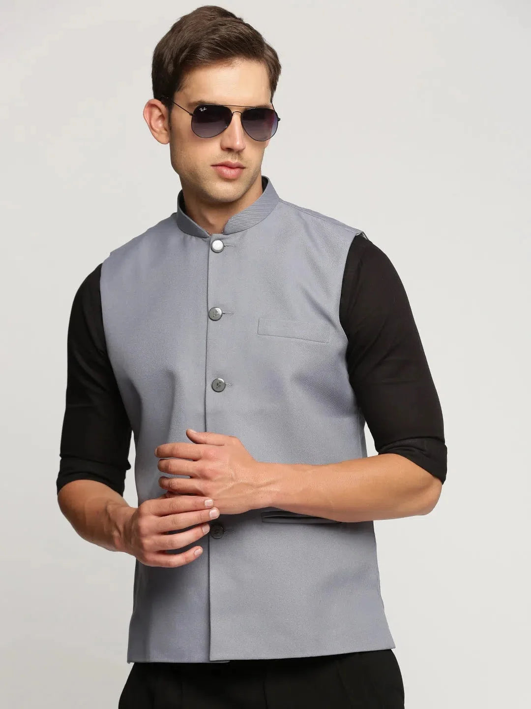 Mens Grey Nehru Jacket | Solid Cotton Kurta Pajama Set