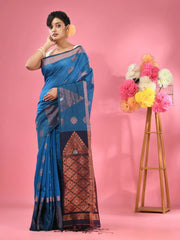 Sapphire Blue Cotton Blend Handwoven Saree With Nakshi Designs-MA51BCT431380012