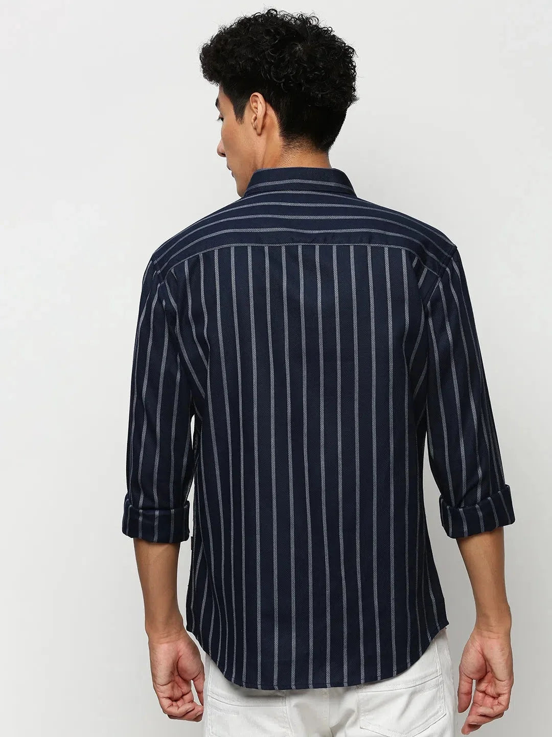 Mens Navy Striped Cotton Shirt - Casual Shirts by DesiQlo