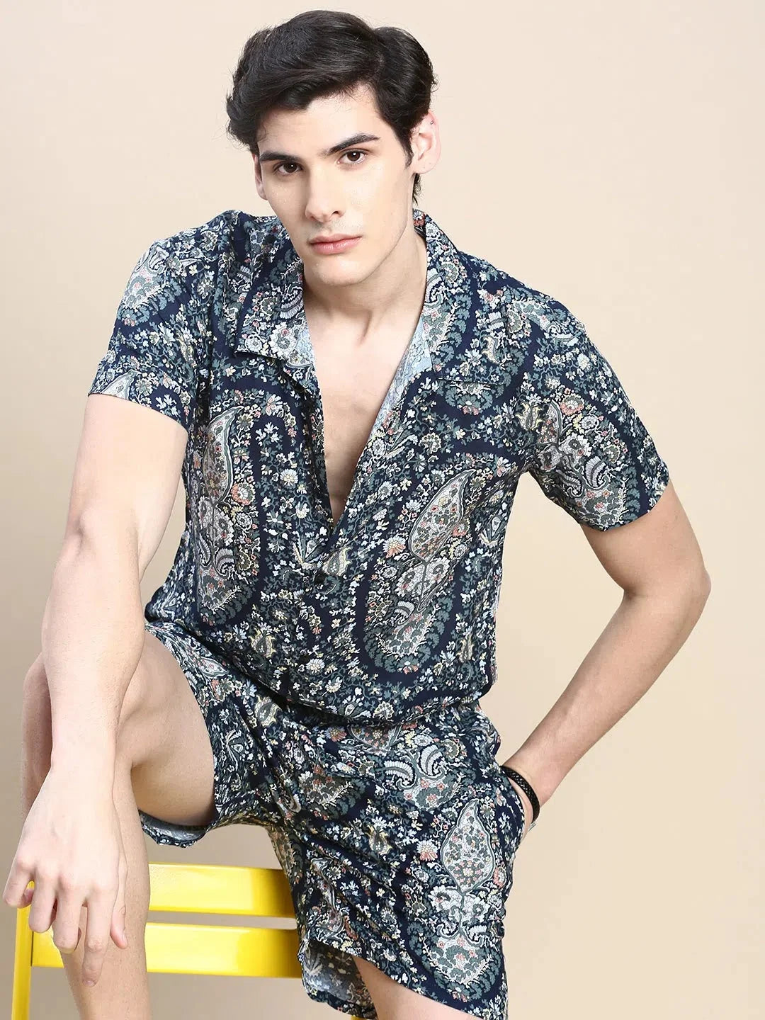 Men's Navy Printed Cotton Casual Co ord Set | Showoff