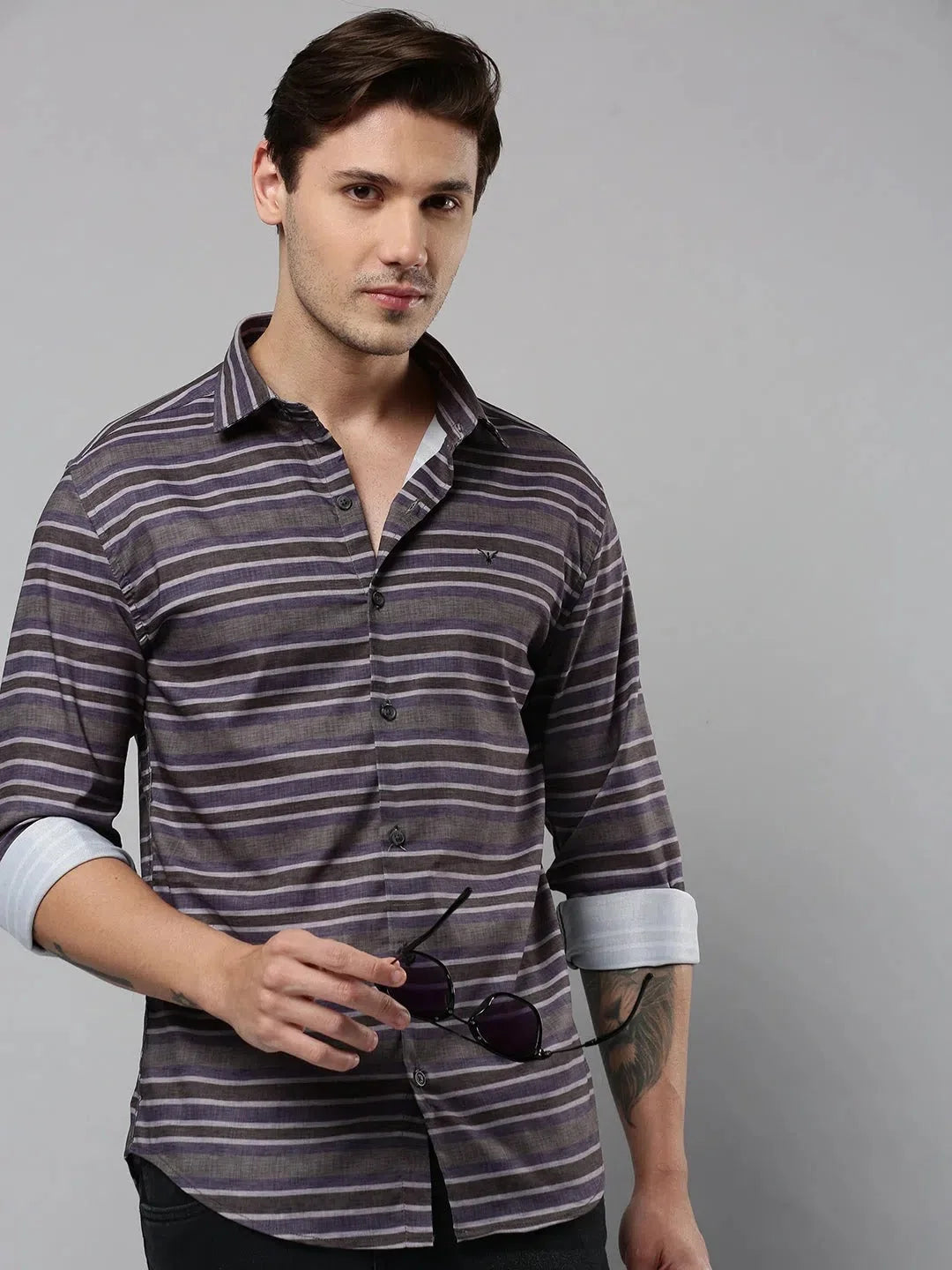 Men's Striped Shirt - Grey Cotton Casual Shirt | DesiQlo