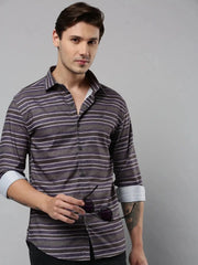 Men Grey Striped Casual Shirt-SPUNIMPORTSTRIRE-4684-Grey