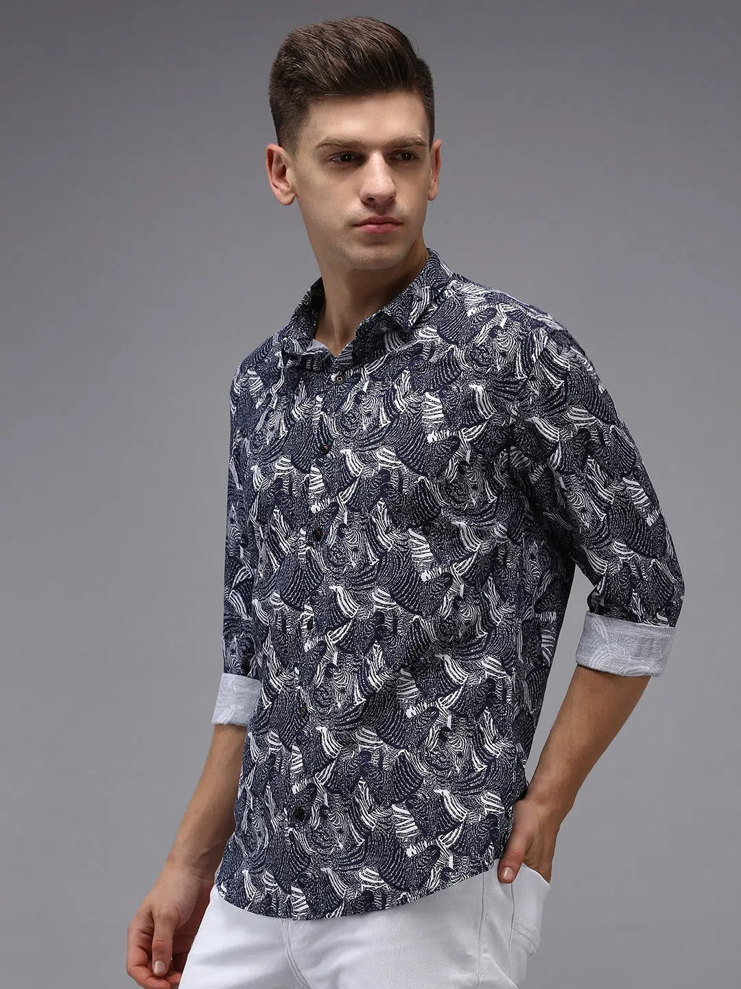 Men's Navy Printed Shirt - Cotton Casual Shirt | DesiQlo