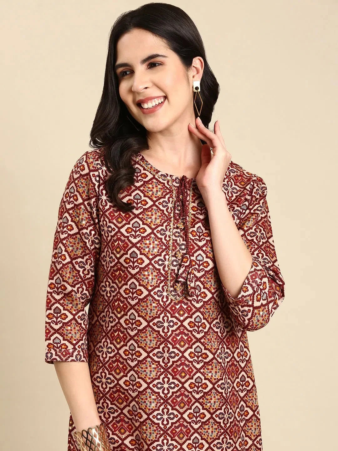 Maroon Printed Kurta - Women's Cotton Indian Kurtis Online