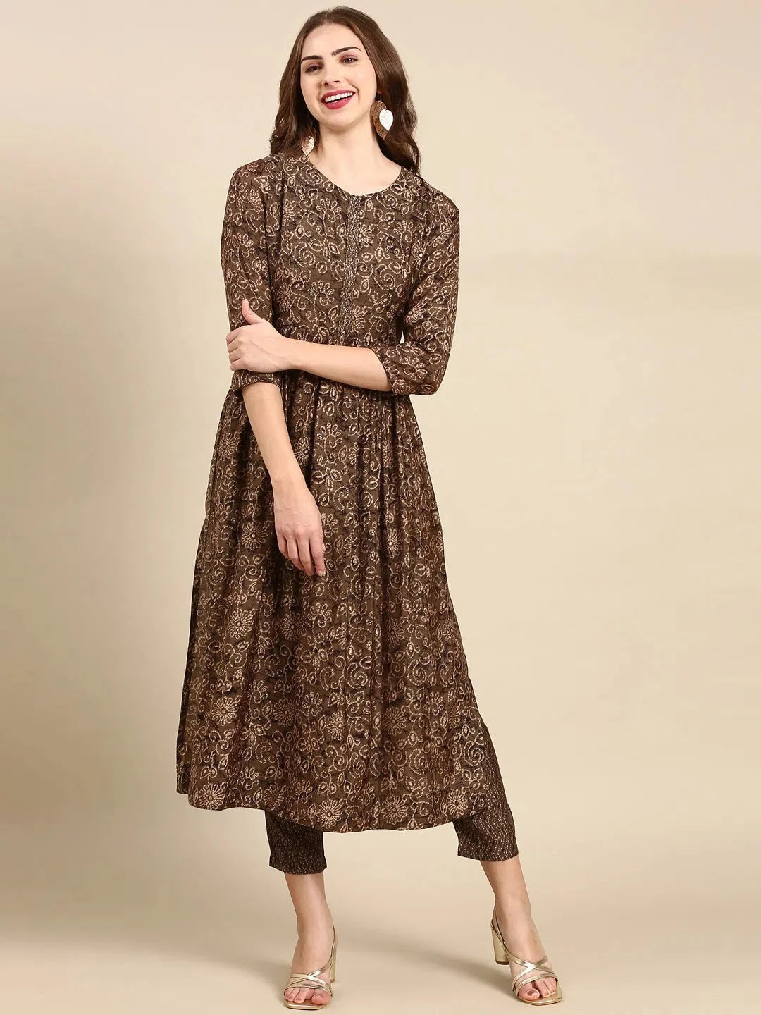 Taupe Printed Kurta Set | Women's Designer Kurta Sets